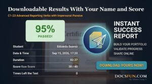 Example of a downloadable DocsFun test result showing name and score